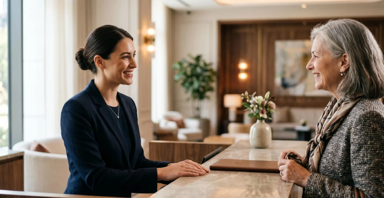 Réceptionniste d'hôtel élégant accueillant un voyageur dans un lobby moderne
