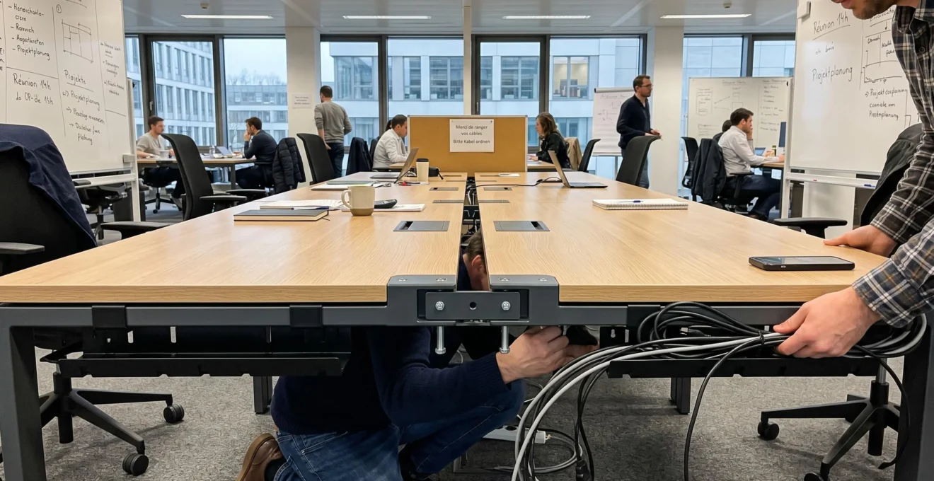 Système de tables modulables avec mécanismes de connexion pour différentes configurations de salle
