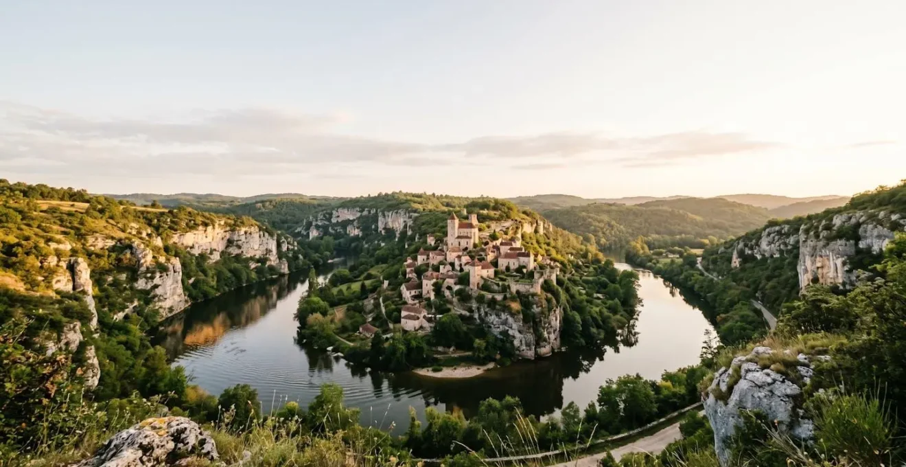 Vue panoramique sur la rivière Lot serpentant entre les falaises calcaires avec un village médiéval perché en arrière-plan