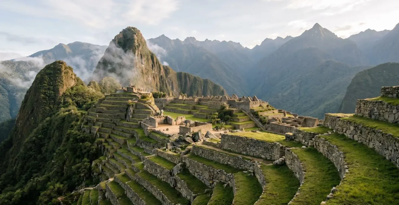 Vue panoramique de vestiges archéologiques incas avec terrasses en pierre et montagnes sacrées des Andes péruviennes