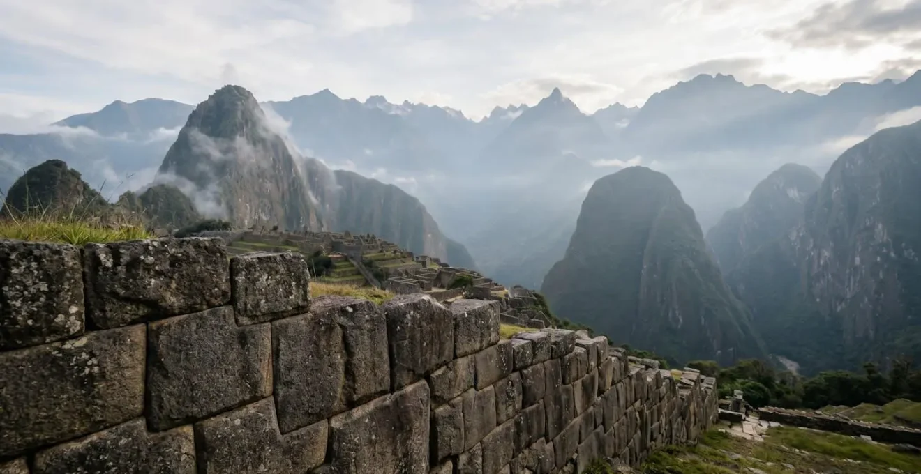 Détail de la maçonnerie polygonale inca avec pierres parfaitement ajustées dans un paysage montagneux andin