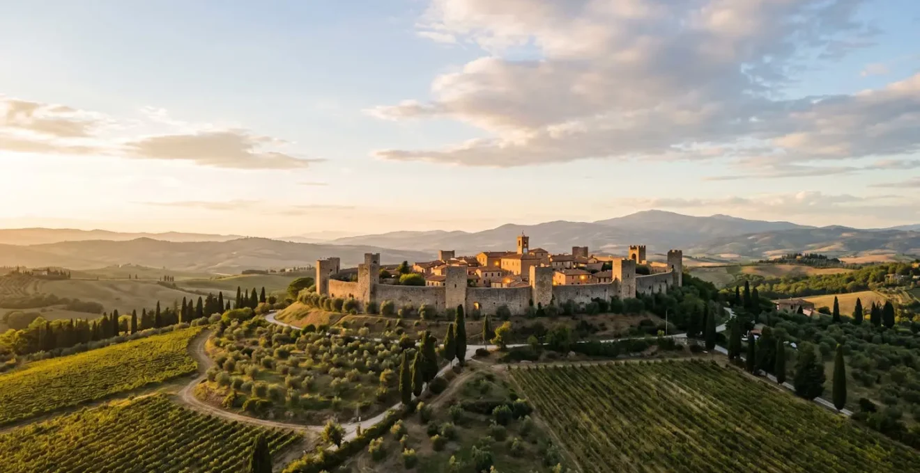 Village médiéval perché sur une colline italienne au coucher du soleil avec cyprès et vignobles