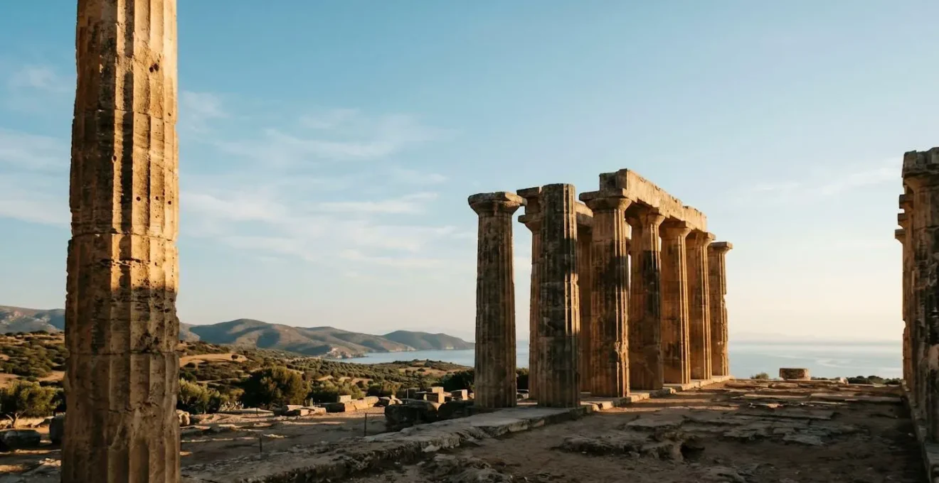 Vue contemplative d'un temple grec antique baigné de lumière dorée, évoquant l'expérience immersive d'une visite culturelle