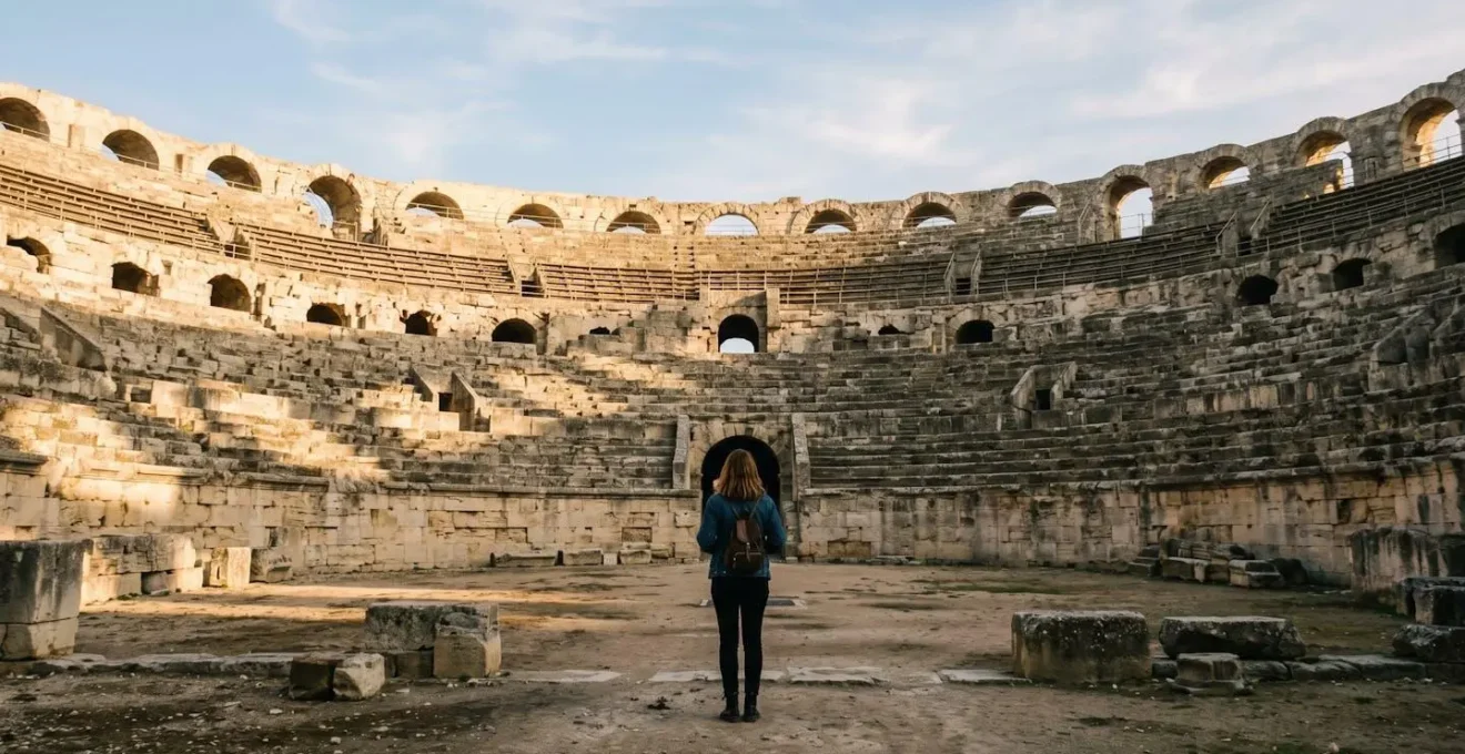 Visiteur debout au centre d'un amphithéâtre romain antique, contemplant les gradins vides sous une lumière dorée
