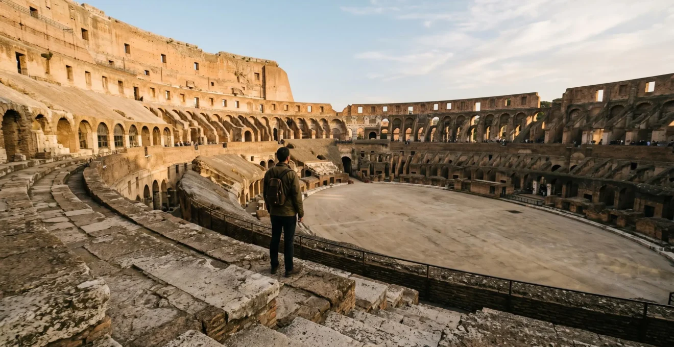 Visiteur solitaire contemplant l'arene d'un amphitheatre antique en pierre depuis les gradins superieurs