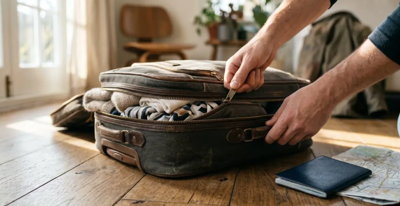 Valise ouverte prête pour un départ spontané avec passeport et billets d'avion