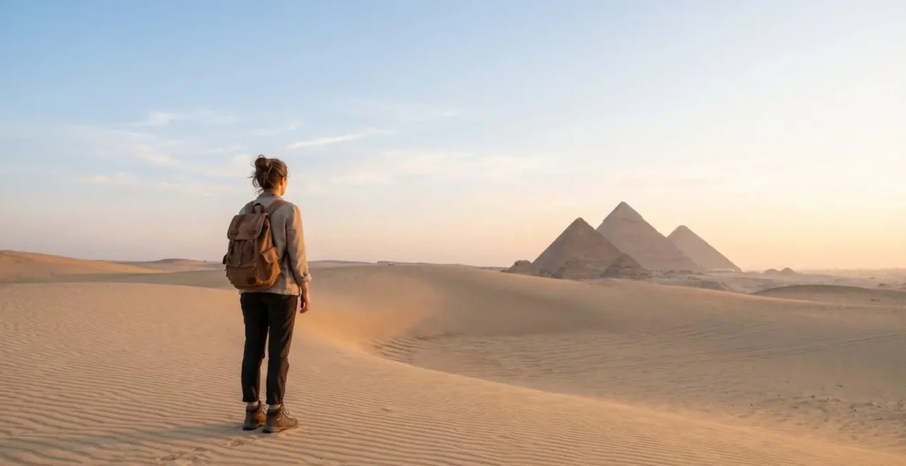 Voyageur contemplant les pyramides de Gizeh dans une atmosphere paisible et securisee