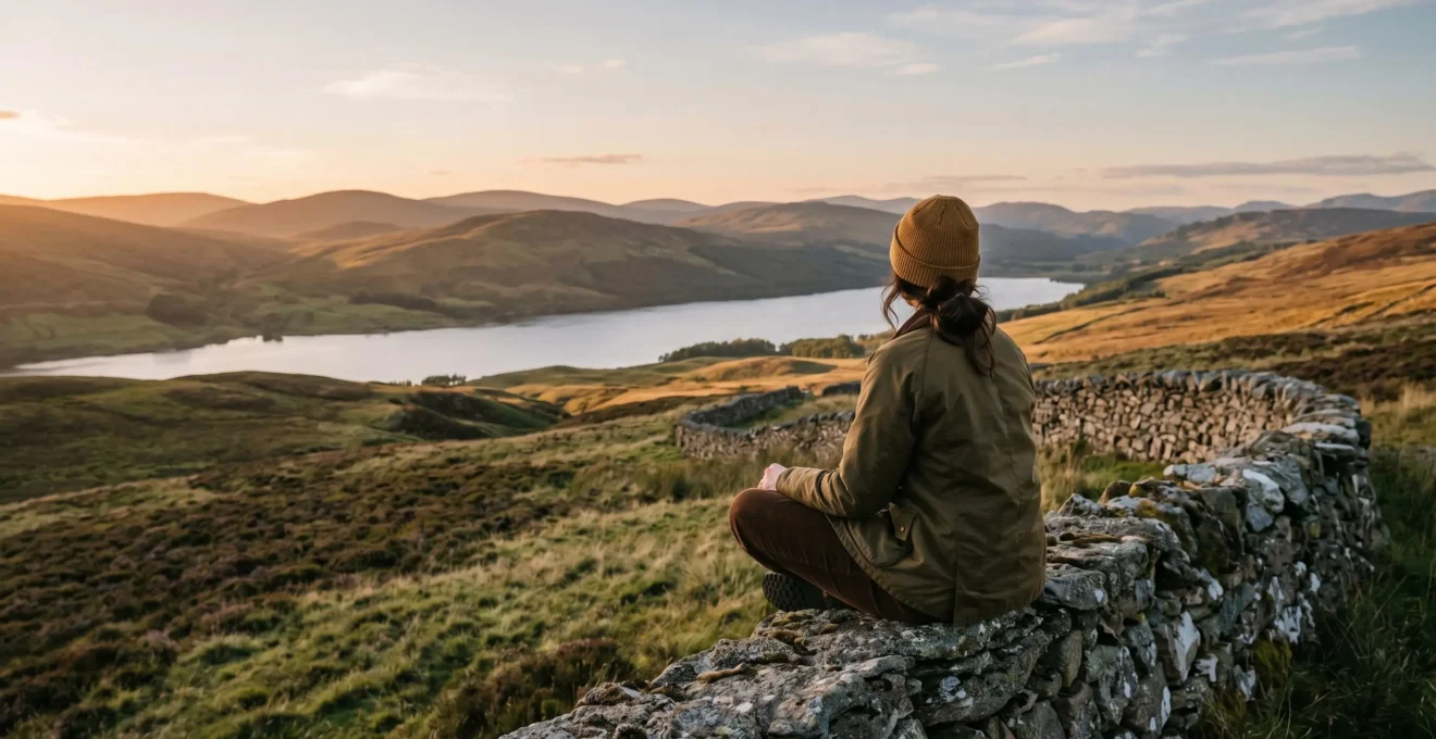 Voyageur en contemplation face à un paysage naturel, incarnant l'expérience profonde du voyage conscient
