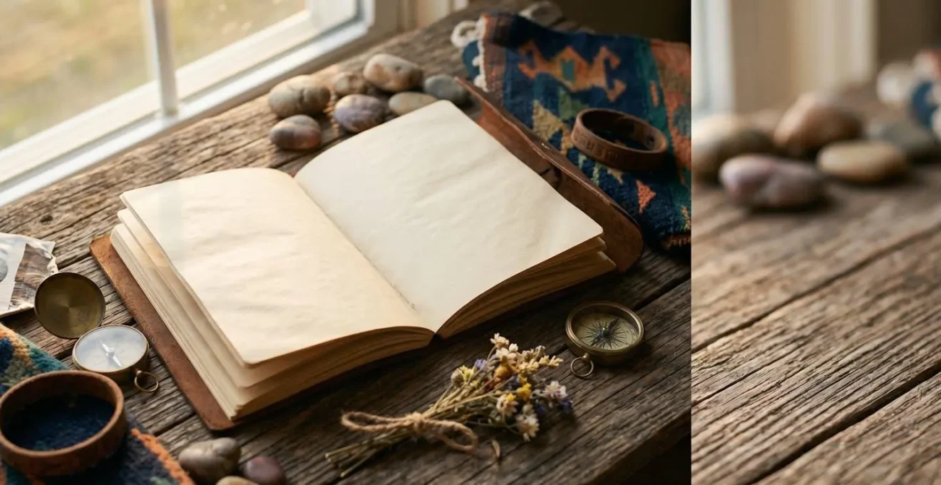 Main tenant un carnet de voyage ouvert avec des objets de voyage évocateurs disposés autour dans une lumière naturelle douce