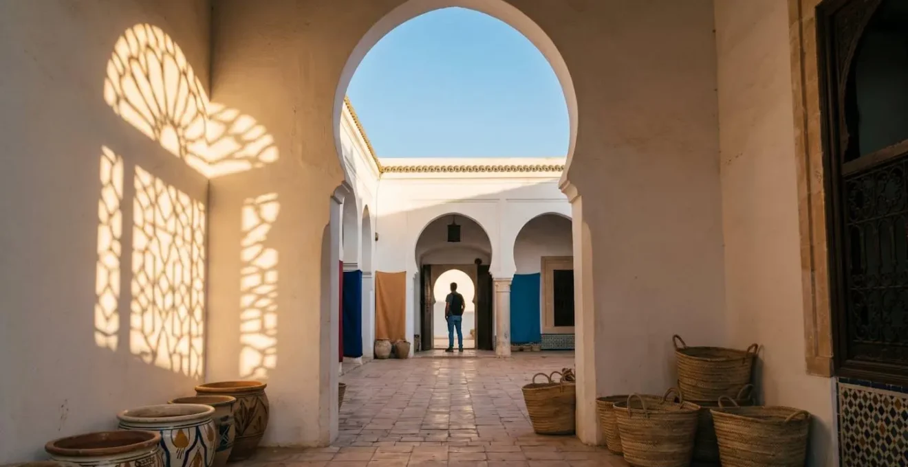 Voyageur explorant un marché traditionnel tunisien sous une lumière naturelle douce