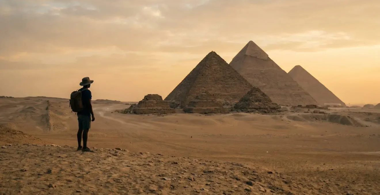 Voyageur contemplant les pyramides d'Égypte dans une atmosphère sereine et sécurisée