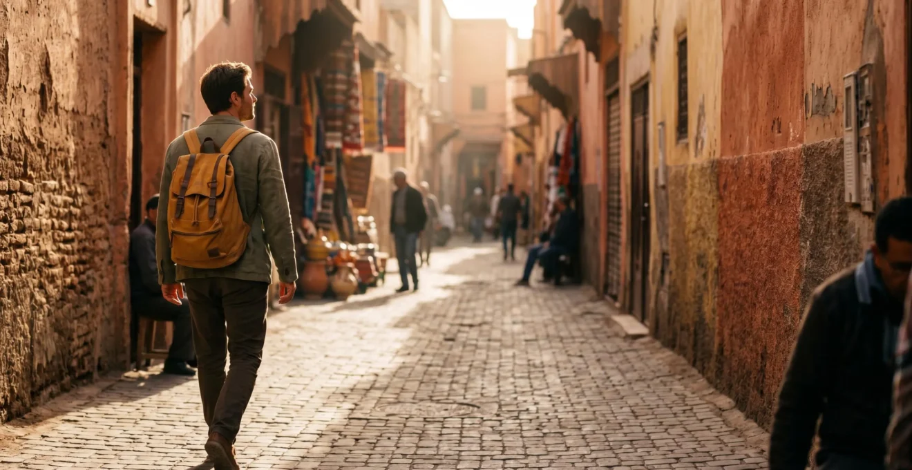 Voyageur avec sac à dos explorant une rue locale authentique lors d'un voyage économique