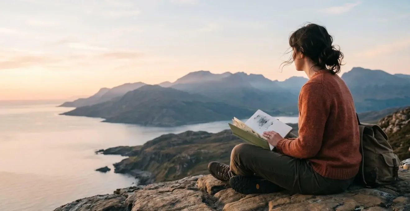 Voyageur contemplant un paysage naturel avec un carnet ouvert, symbolisant la réflexion personnelle et le choix intentionnel de ses expériences