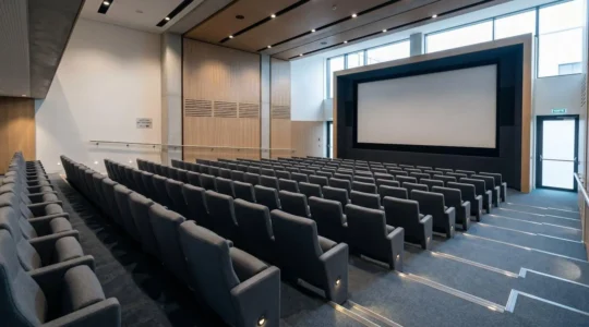 Auditorium moderne vide avec fauteuils en gradins orientés vers grand écran de projection, éclairage architectural professionnel, décor contemporain Luxembourg.