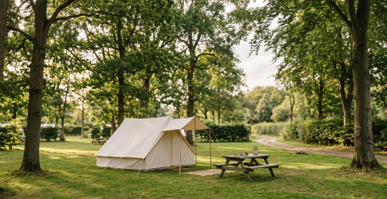 Emplacement de camping ombragé et spacieux, bien entretenu, illustrant les critères d'un séjour réussi
