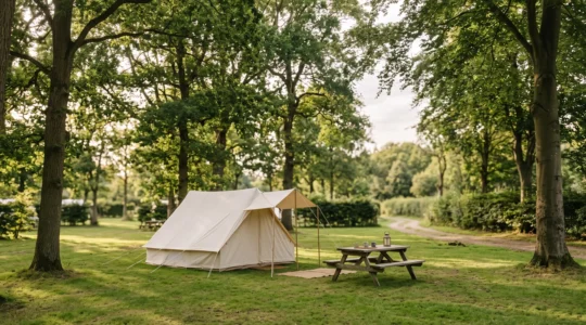 Emplacement de camping ombragé et spacieux, bien entretenu, illustrant les critères d'un séjour réussi