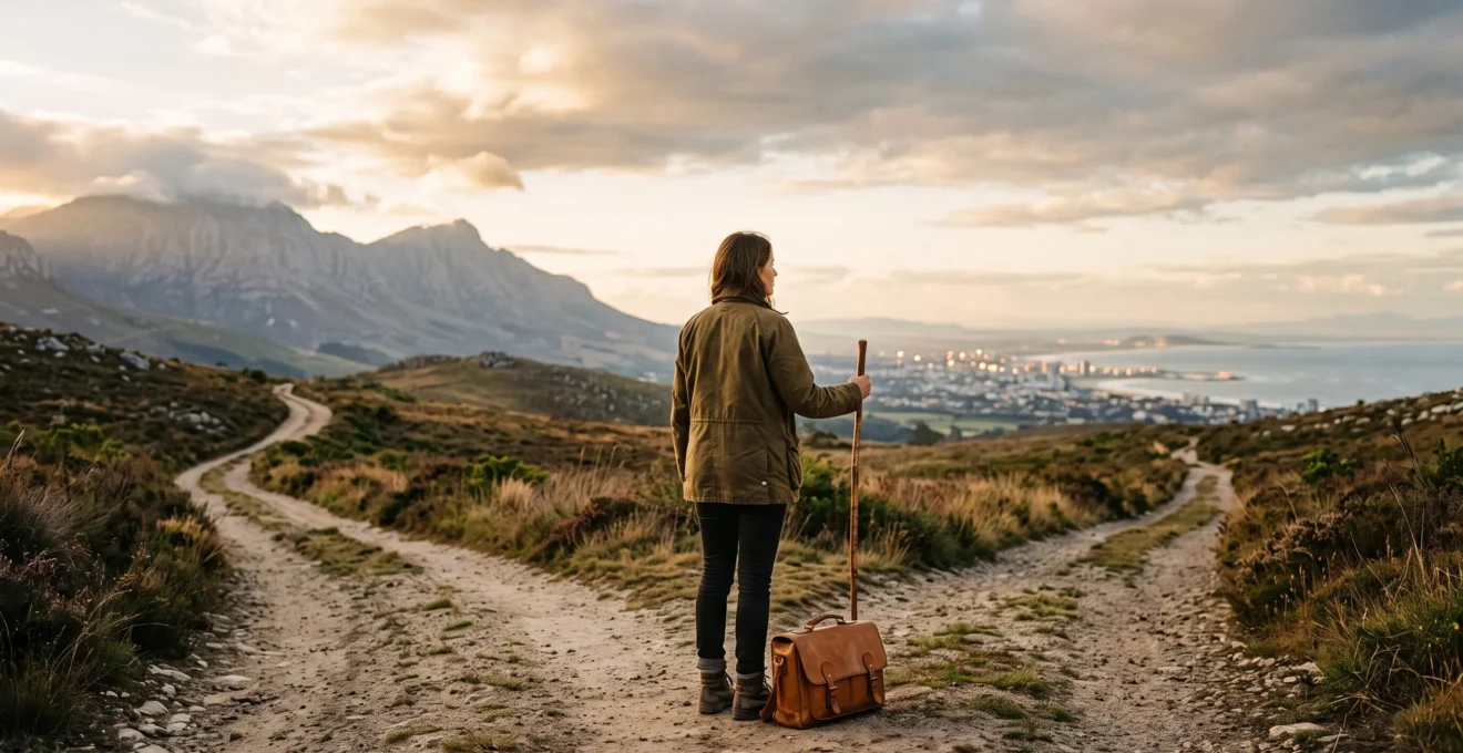 Voyageur face à un choix de chemin entre montagne et ville, symbolisant le choix d'une assurance voyage adaptée