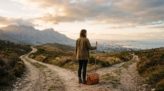 Voyageur face à un choix de chemin entre montagne et ville, symbolisant le choix d'une assurance voyage adaptée
