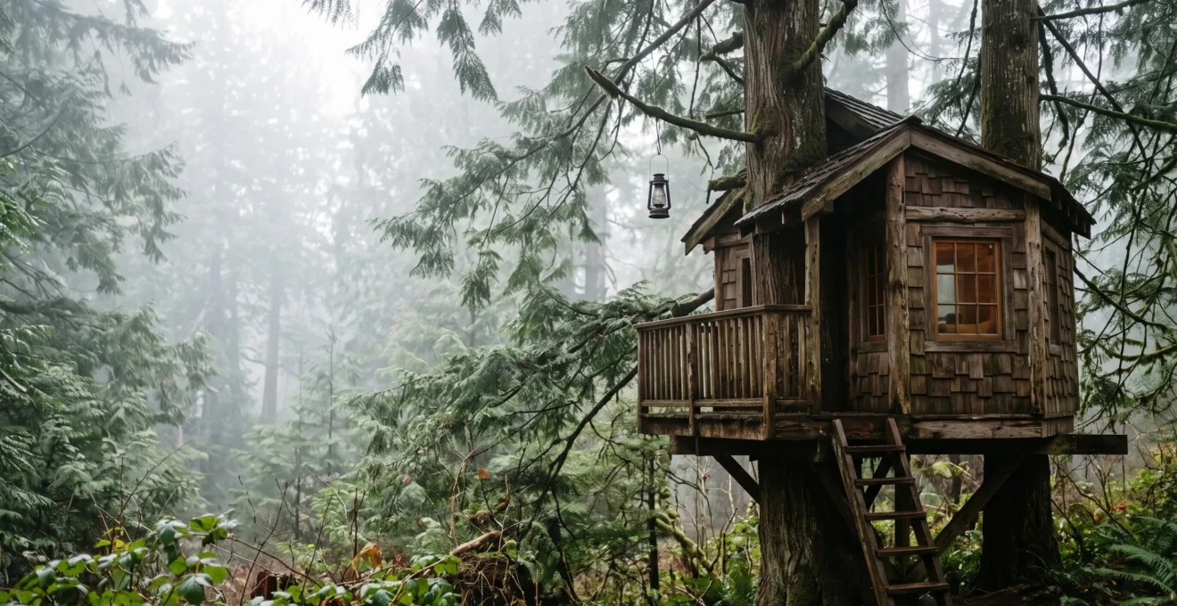 Cabane perchée en bois naturel nichée dans une forêt au lever du jour, symbolisant le choix d'un hébergement insolite authentique
