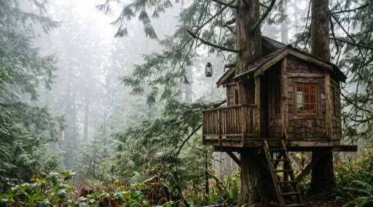 Cabane perchée en bois naturel nichée dans une forêt au lever du jour, symbolisant le choix d'un hébergement insolite authentique