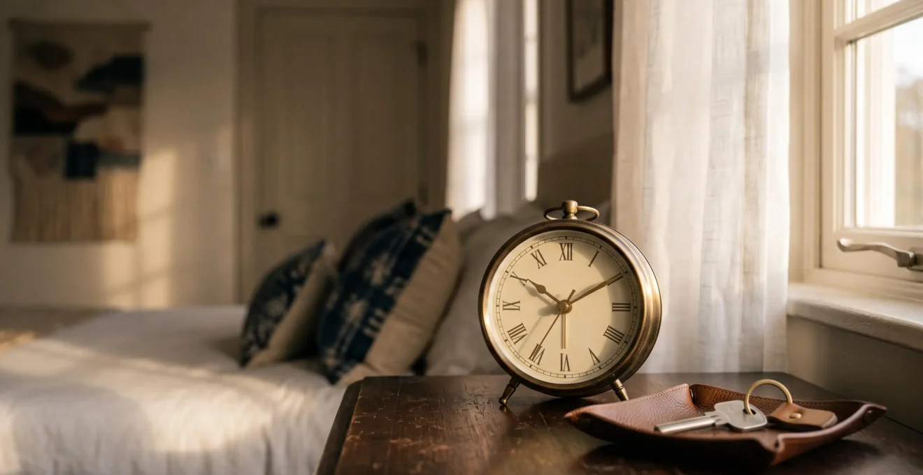 Table de chevet dans une chambre d'hotel avec une cle et un reveil evoquant le bon moment pour reserver