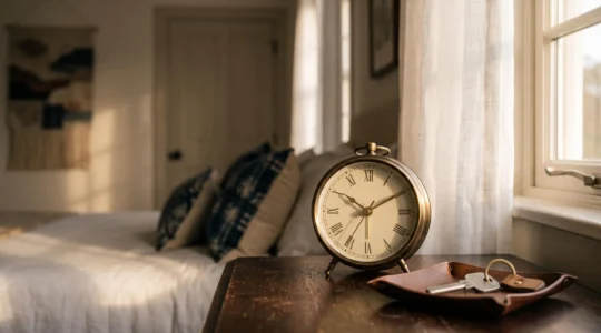 Table de chevet dans une chambre d'hotel avec une cle et un reveil evoquant le bon moment pour reserver