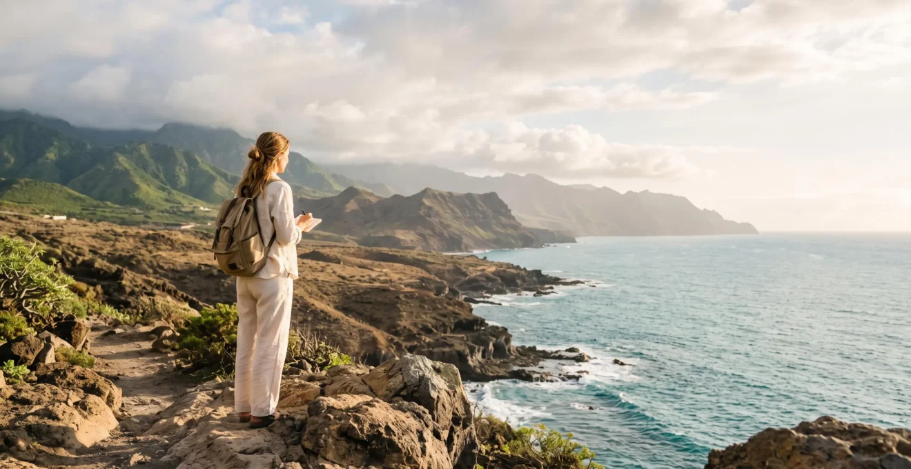 Voyageur contemplant un paysage volcanique et côtier ensoleillé depuis un point de vue des Canaries, symbolisant le choix d'une île pour l'hivernage