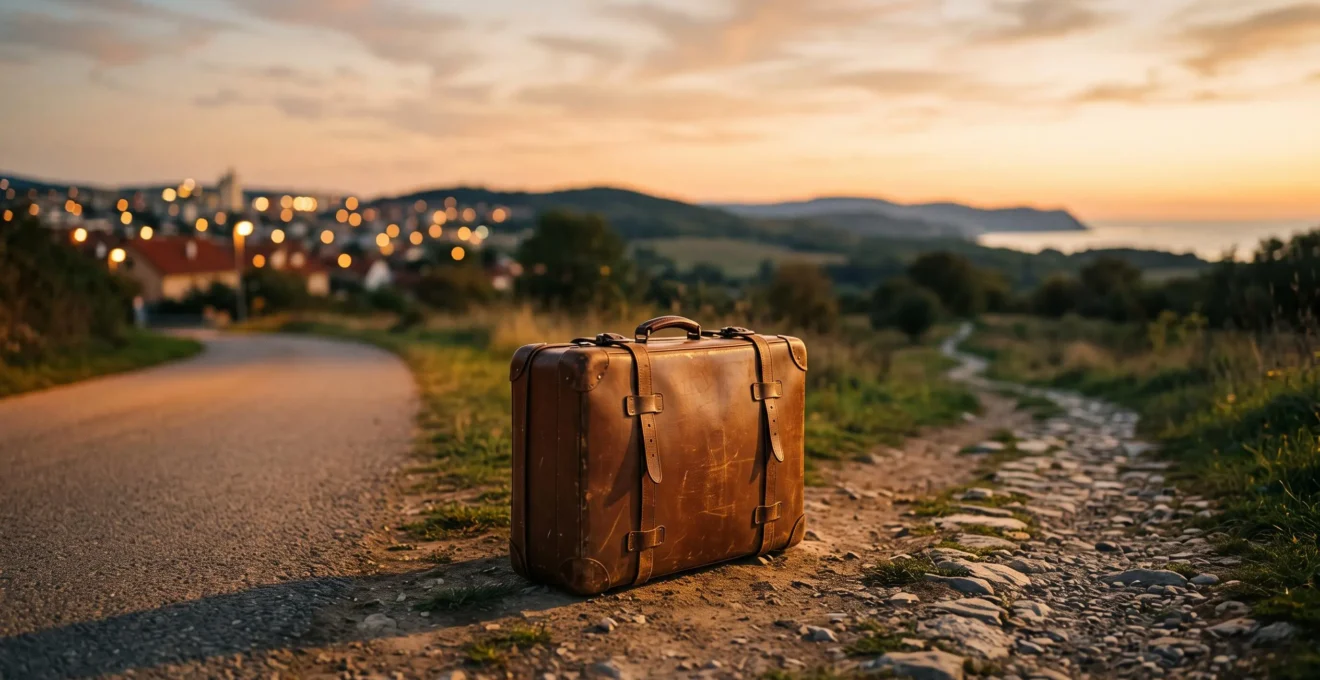 Valise ouverte posée à un carrefour symbolique entre une ville animée et un paysage paisible, illustrant le choix entre découverte et repos