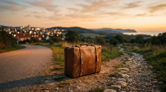 Valise ouverte posée à un carrefour symbolique entre une ville animée et un paysage paisible, illustrant le choix entre découverte et repos