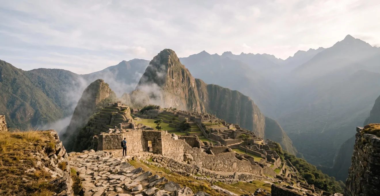 Vue panoramique de la cite inca du Machu Picchu enveloppee de brume au lever du jour, illustrant les vestiges archeologiques de la civilisation inca