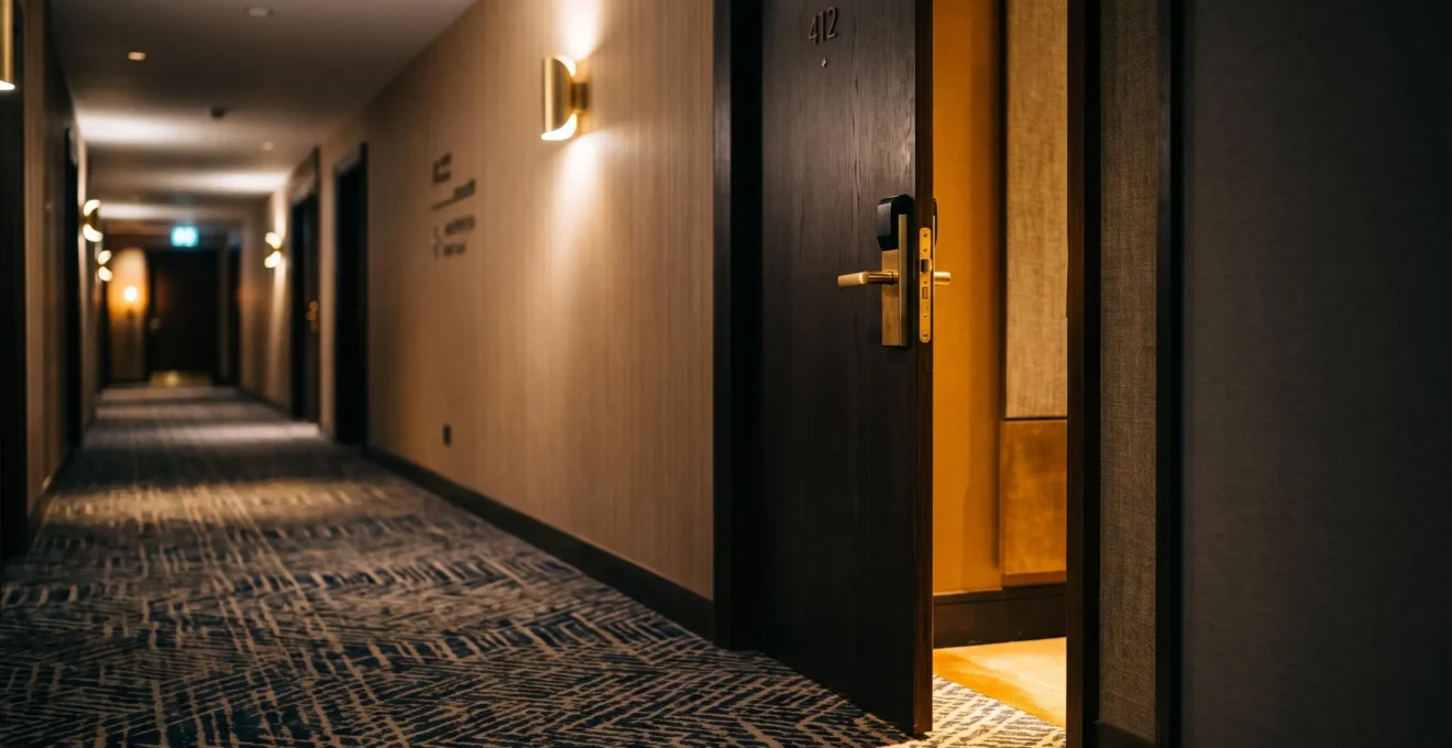 Porte de chambre d'hôtel entrouverte laissant filtrer une lumière chaleureuse, symbolisant l'accès à un surclassement