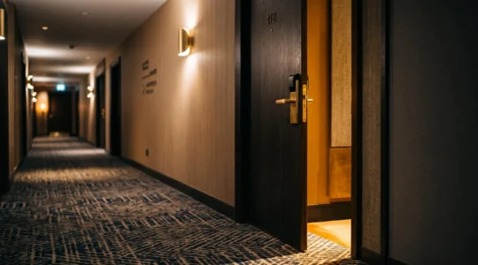 Porte de chambre d'hôtel entrouverte laissant filtrer une lumière chaleureuse, symbolisant l'accès à un surclassement