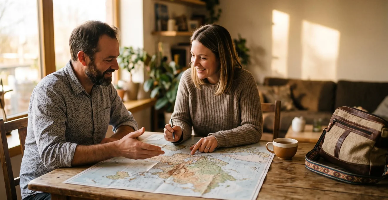 Un voyageur et un créateur de voyage étudient ensemble une carte du monde pour concevoir un itinéraire personnalisé