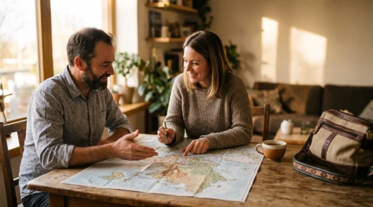 Un voyageur et un créateur de voyage étudient ensemble une carte du monde pour concevoir un itinéraire personnalisé
