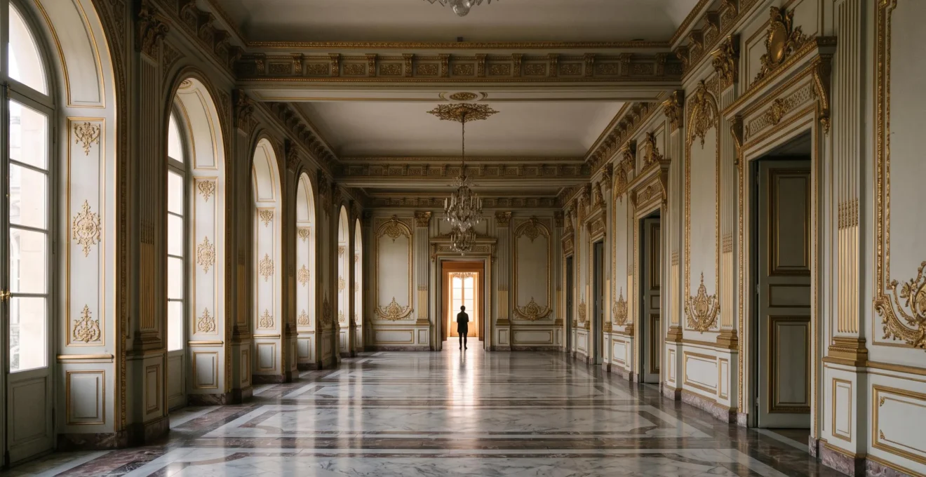 Enfilade doree et symetrique d'un palais historique symbolisant les codes du pouvoir et du protocole