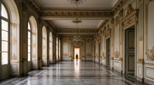 Enfilade doree et symetrique d'un palais historique symbolisant les codes du pouvoir et du protocole