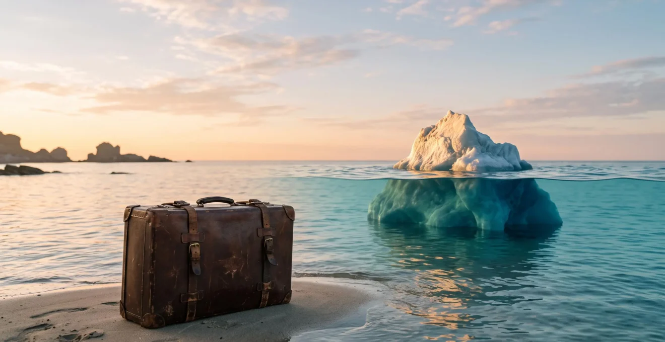 Illustration symbolique d'un iceberg représentant les dépenses de voyage visibles et cachées sous la surface de l'eau