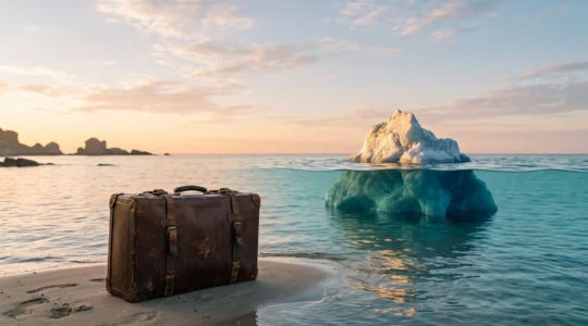 Illustration symbolique d'un iceberg représentant les dépenses de voyage visibles et cachées sous la surface de l'eau