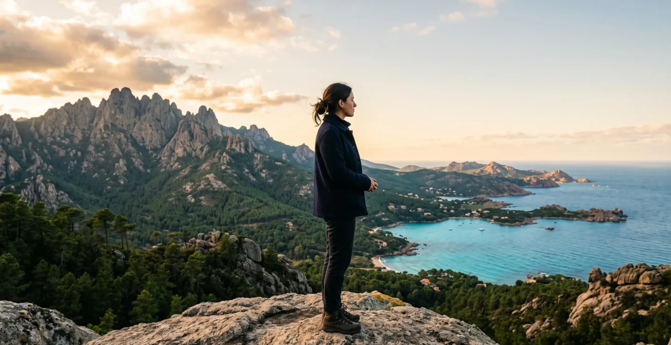 Voyageur contemplant à la fois les sommets corses et la mer Méditerranée depuis un promontoire rocheux au lever du jour