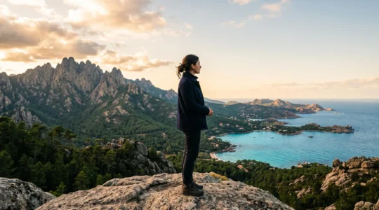 Voyageur contemplant à la fois les sommets corses et la mer Méditerranée depuis un promontoire rocheux au lever du jour