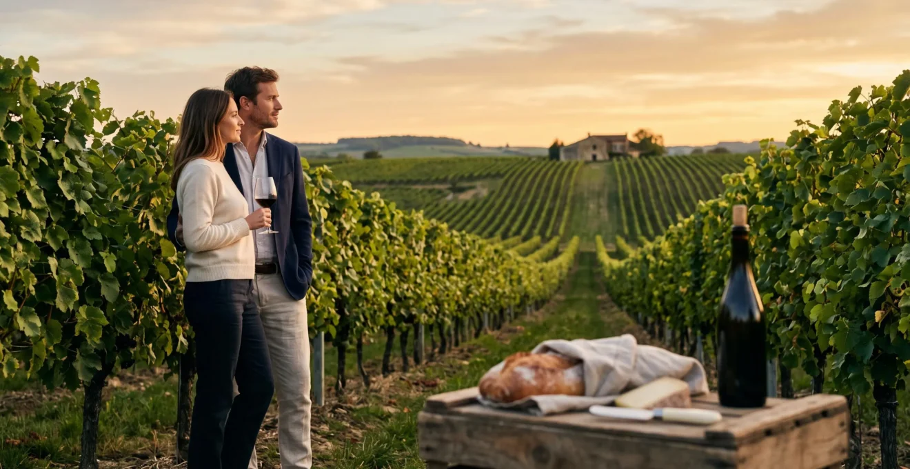 Un couple dégustant du vin au milieu des rangs de vigne lors d'une visite pédagogique et gourmande dans un vignoble au coucher du soleil