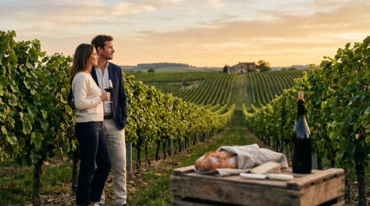 Un couple dégustant du vin au milieu des rangs de vigne lors d'une visite pédagogique et gourmande dans un vignoble au coucher du soleil