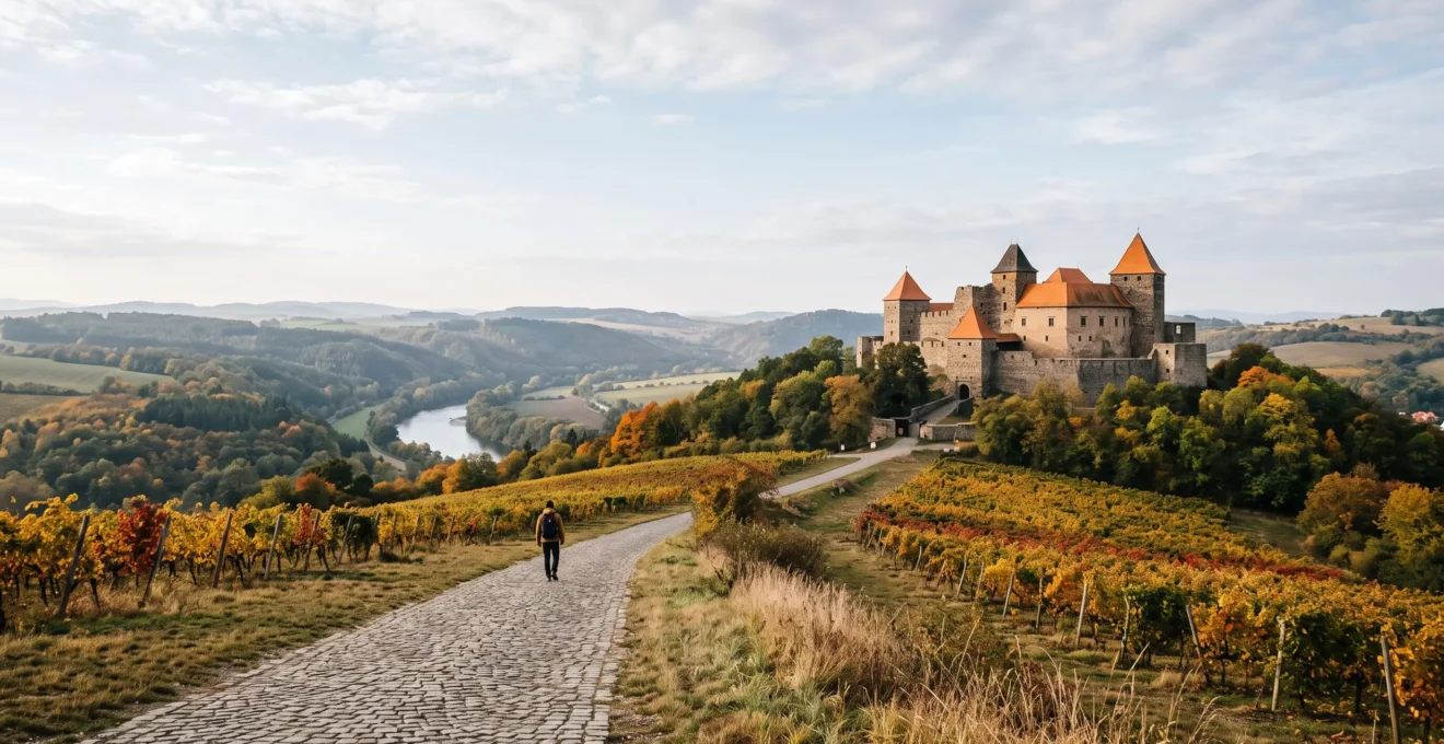 Château médiéval tchèque dominant une vallée verdoyante de Moravie, loin de la foule de Prague