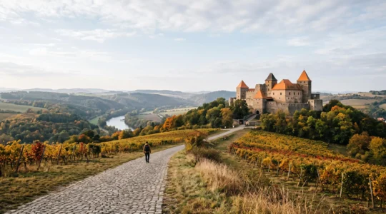 Château médiéval tchèque dominant une vallée verdoyante de Moravie, loin de la foule de Prague