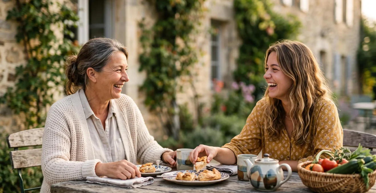 Une hotesse de maison d'hotes et une voyageuse partageant un moment de convivialite autour d'une table en bois dans une ambiance chaleureuse