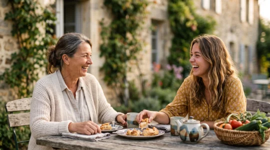 Une hotesse de maison d'hotes et une voyageuse partageant un moment de convivialite autour d'une table en bois dans une ambiance chaleureuse