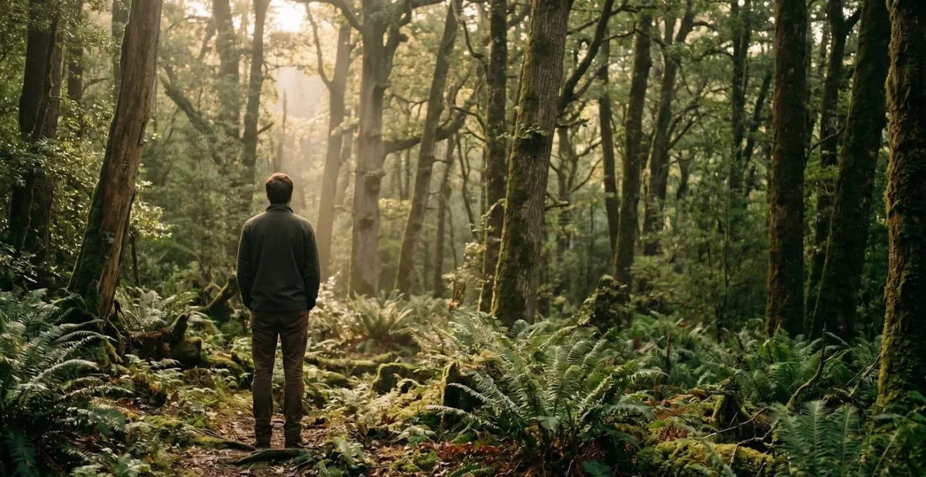 Randonneur dans une forêt lumineuse pratiquant une immersion sensorielle en pleine nature