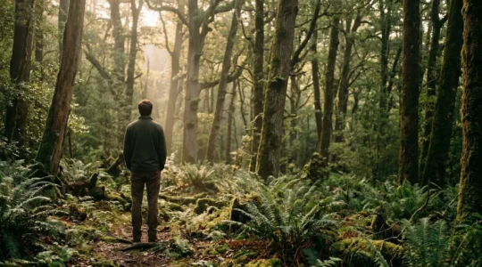 Randonneur dans une forêt lumineuse pratiquant une immersion sensorielle en pleine nature