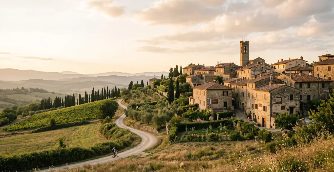 Petit village italien perché sur une colline verdoyante au lever du soleil, loin des foules touristiques