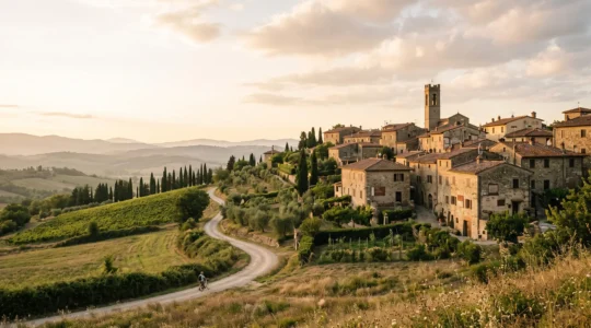 Petit village italien perché sur une colline verdoyante au lever du soleil, loin des foules touristiques